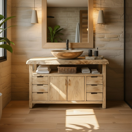 Handcrafted Solid Wood Bathroom Vanity with Live Edge Maple Top and Six Storage Drawers