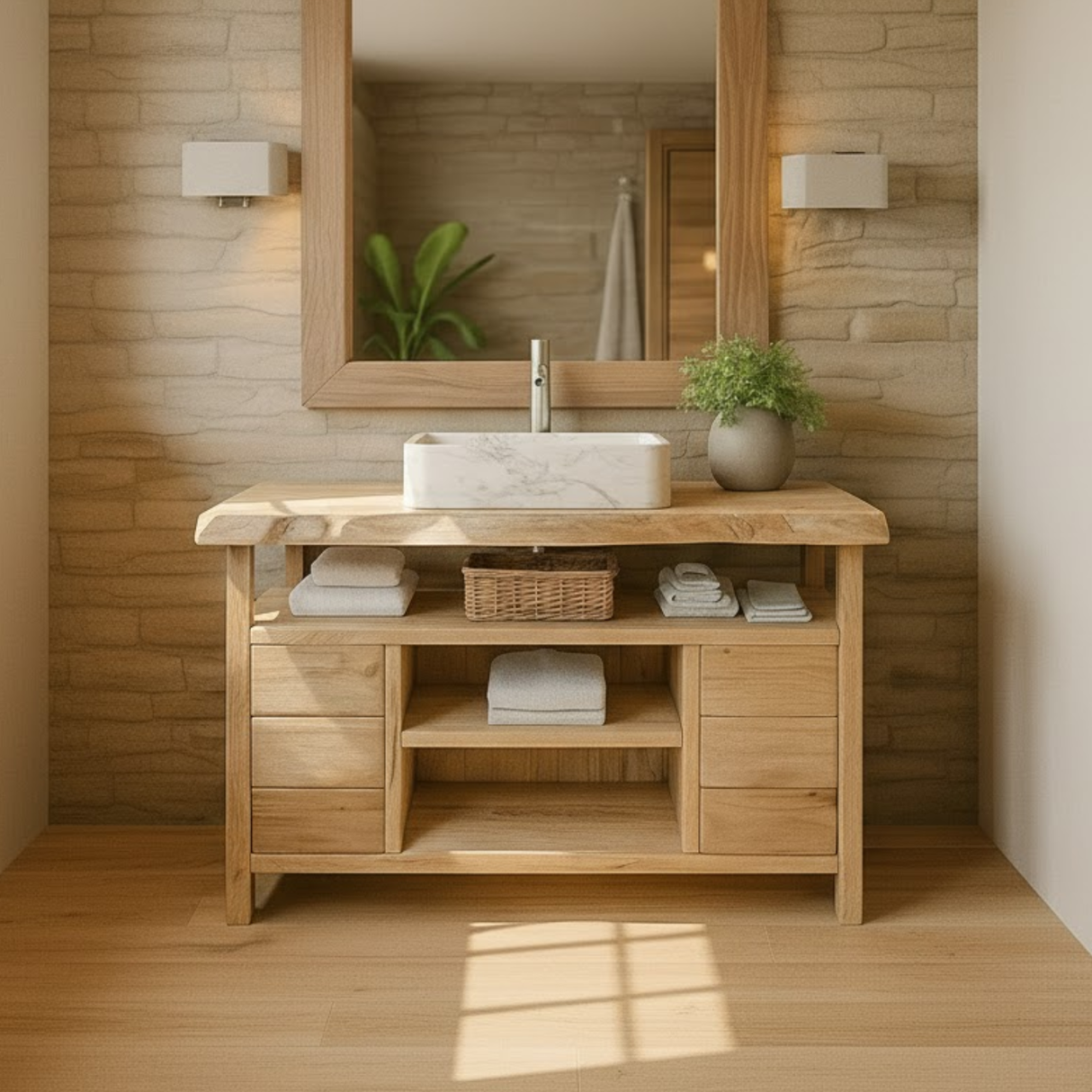 Handcrafted Solid Wood Bathroom Vanity with Live Edge Maple Top and Open Shelf Storage