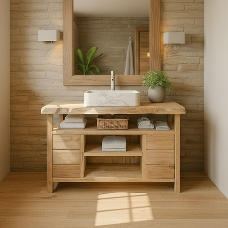 Handcrafted Solid Wood Bathroom Vanity with Live Edge Maple Top and Open Shelf Storage