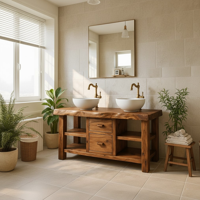 Handcrafted Solid Wood Floating Double Vanity - Live Edge Top, 2 Drawers & Open Shelves