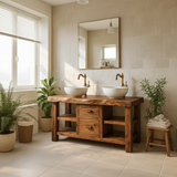 Handcrafted Solid Wood Floating Double Vanity - Live Edge Top, 2 Drawers & Open Shelves