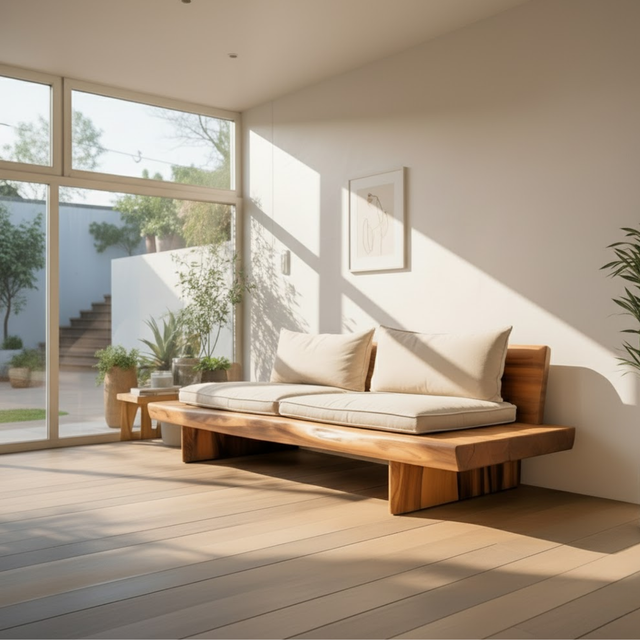 Handcrafted Solid Wood Sofa – Low Minimalist Design with Natural Live Edge and Linen Cushions
