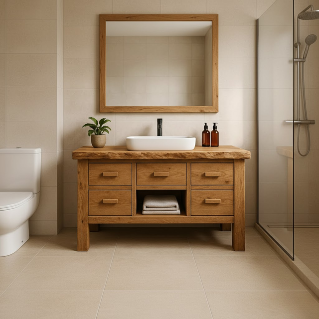 Handcrafted Solid Wood Bathroom Vanity - Live Edge Storage Cabinet with 6 Drawers & Shelf