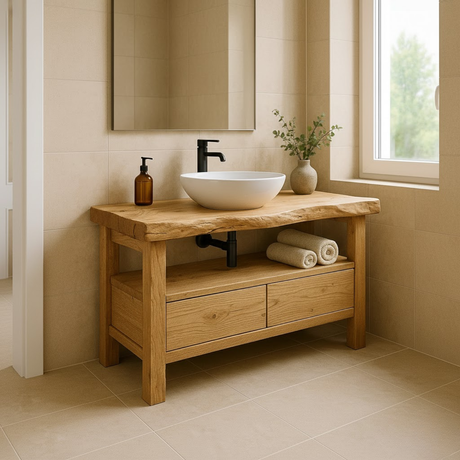 Handcrafted Solid Wood Bathroom Vanity - Live Edge Rustic Stand with Drawers & Shelf