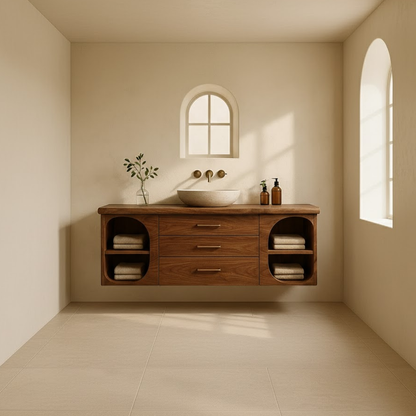 Handcrafted Solid Wood Floating Vanity - Modern Wall-Mounted Cabinet with Arches