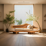 Handcrafted Solid Wood Sofa – Sculptural Live Edge Couch with Organic Form and Linen Cushions