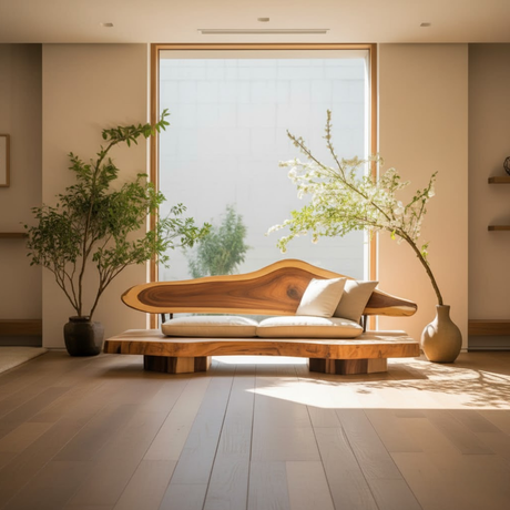 Handcrafted Solid Wood Sofa – Sculptural Live Edge Couch with Organic Form and Linen Cushions