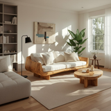 Handcrafted Solid Wood Sofa – Modern Curved Frame with Linen Cushions and Natural Finish