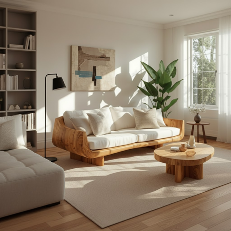 Handcrafted Solid Wood Sofa – Modern Curved Frame with Linen Cushions and Natural Finish