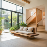 Handcrafted Solid Wood Sofa – Low Japanese Style Couch with Minimalist Design and Linen Cushions