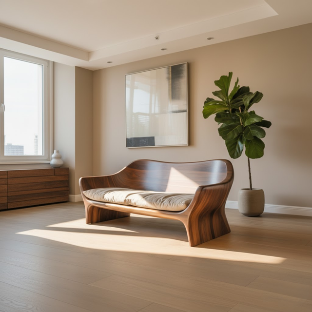Handcrafted Solid Walnut Sofa – Sculptural Organic Wood Couch with Smooth Curves and Cushion Seat
