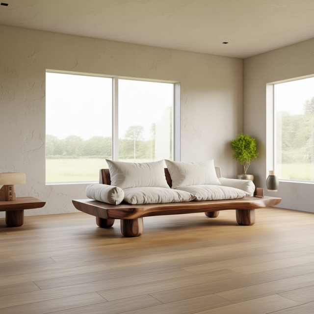 Handcrafted Solid Walnut Sofa – Low Organic Wood Couch with Linen Cushions and Rounded Legs