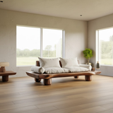 Handcrafted Solid Walnut Sofa – Low Organic Wood Couch with Linen Cushions and Rounded Legs