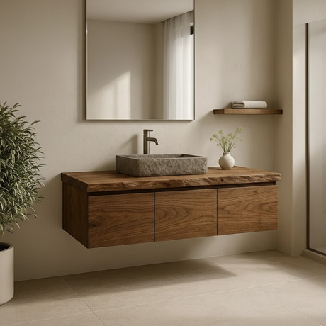 Handcrafted Solid Wood Floating Vanity - 3-Drawer Live Edge Walnut for Vessel Sink