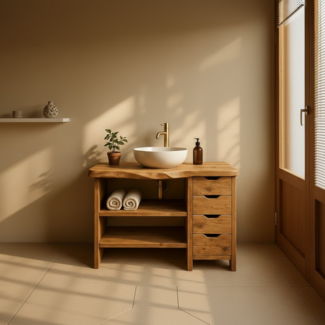 Handcrafted Solid Wood Bathroom Vanity with Live Edge Oak Top and 4 Drawers