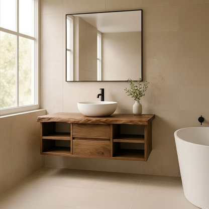 Handcrafted Solid Wood Floating Vanity - Live Edge Console with Central Drawers & Open Shelving