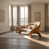 Handcrafted Solid Wood Sofa – Modern Organic Curved Couch with Smooth Sculptural Frame and Linen Cushions