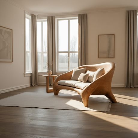 Handcrafted Solid Wood Sofa – Modern Organic Curved Couch with Smooth Sculptural Frame and Linen Cushions