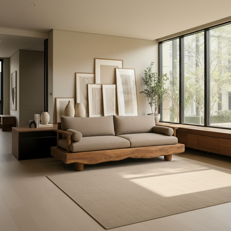 Handcrafted Solid Wood Sofa – Rustic Live Edge Wood Couch with Modern Minimalist Cushion Design