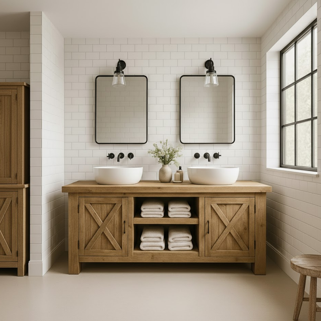 Handcrafted Solid Wood Bathroom Vanity - Farmhouse Double Sink Cabinet - Rustic Oak Storage Furniture