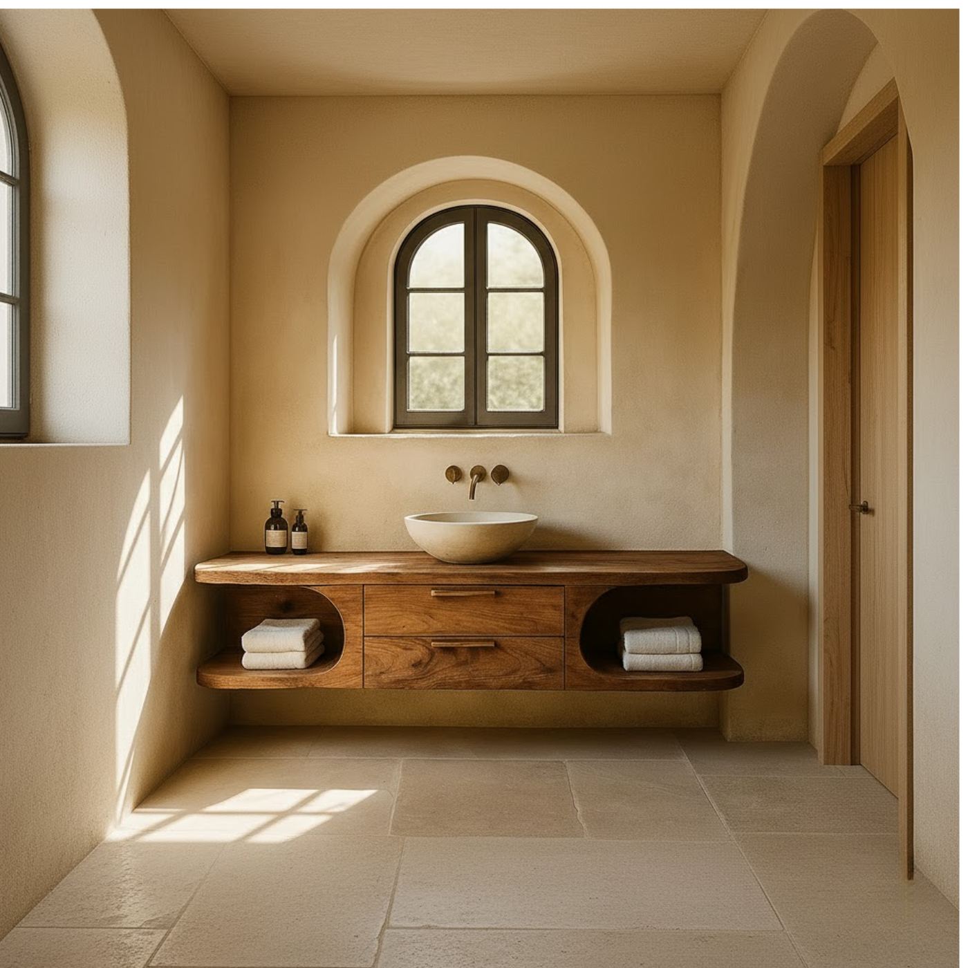 Handcrafted Solid Wood Floating Vanity - Organic Console with Curved Edges and Storage Nooks