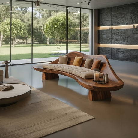 Handcrafted Solid Wood Sofa – Sculptural Wave-Form Wood Couch with Organic Curves and Cushion Seat