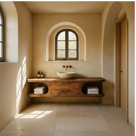 Handcrafted Solid Wood Floating Vanity - Organic Console with Curved Edges and Storage Nooks