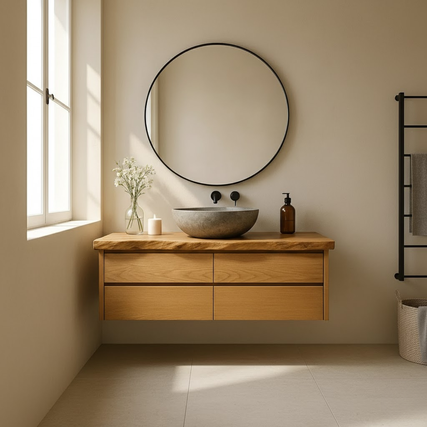 Handcrafted Solid Wood Floating Bathroom Vanity with Live Edge Top - Minimalist Modern Design