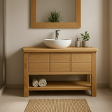 Handcrafted Solid Wood Bathroom Vanity with Oak Finish and Open Shelf