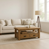 Handcrafted Solid Wood Coffee Table – Rustic Farmhouse Storage with Two Drawers and Shelf