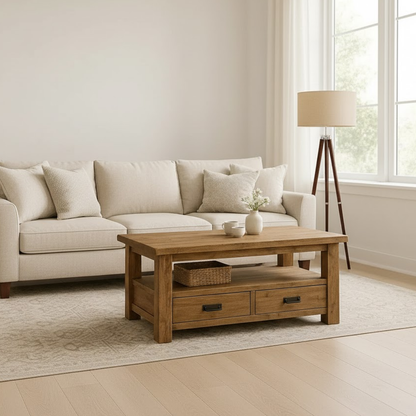 Handcrafted Solid Wood Coffee Table – Rustic Farmhouse Storage with Two Drawers and Shelf
