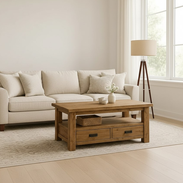 Handcrafted Solid Wood Coffee Table – Rustic Farmhouse Storage with Two Drawers and Shelf
