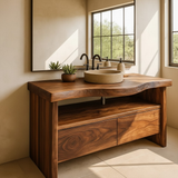 Handcrafted Solid Wood Bathroom Vanity with Live-Edge Walnut Top and Modern Storage Drawers