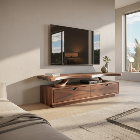 Handcrafted Solid Wood TV Stand with Sculpted Live-Edge Floating Shelf
