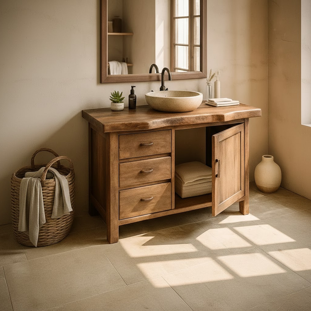 Handcrafted Solid Wood Bathroom Vanity with Live-Edge Top and Storage Drawers