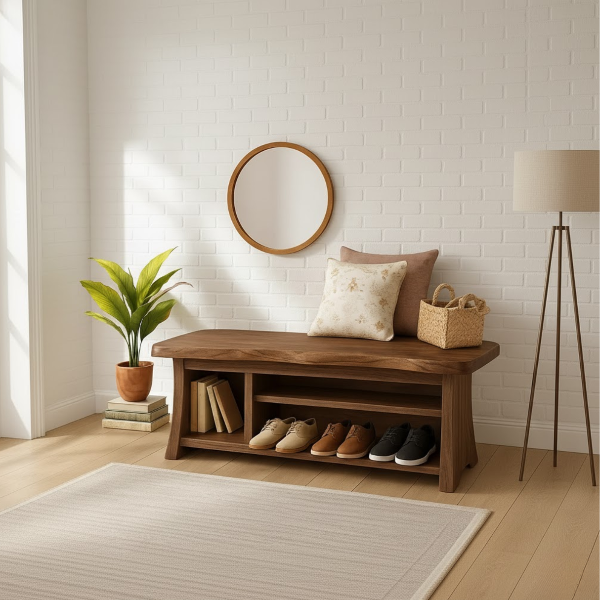 Handcrafted Solid Wood Walnut Bench – Organic Design with Integrated Shelving