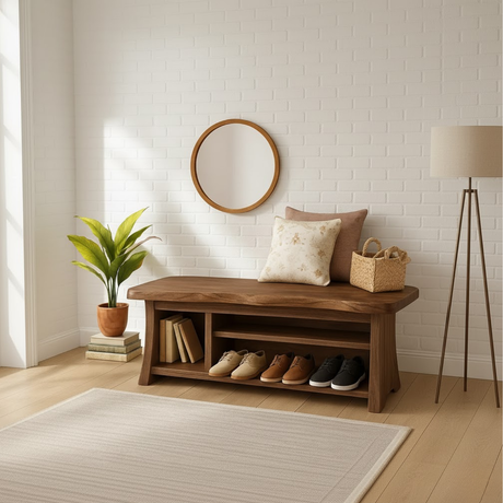 Handcrafted Solid Wood Walnut Bench – Organic Design with Integrated Shelving