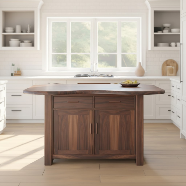 Handcrafted Solid Wood Kitchen Island with Live-Edge Curved Top and Spacious Storage