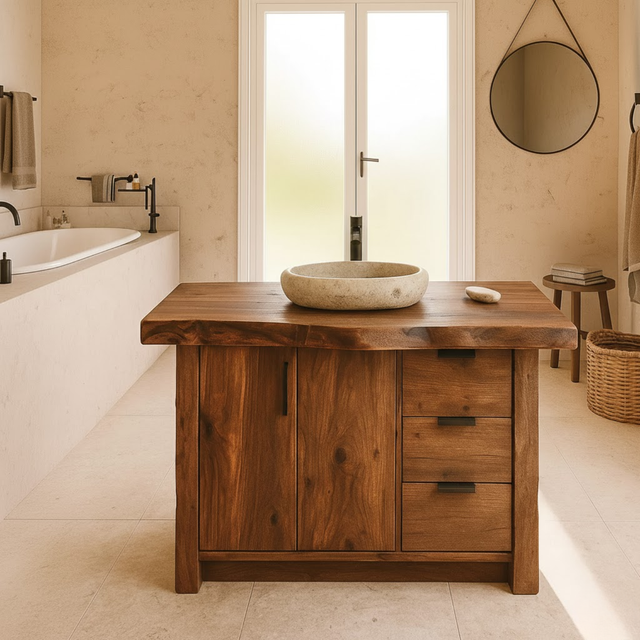Handcrafted Solid Wood Bathroom Vanity with Live-Edge Top and Modern Storage Drawers