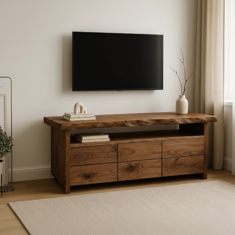 Handcrafted Solid Wood TV Stand with Live Edge Walnut Top and Modern Storage