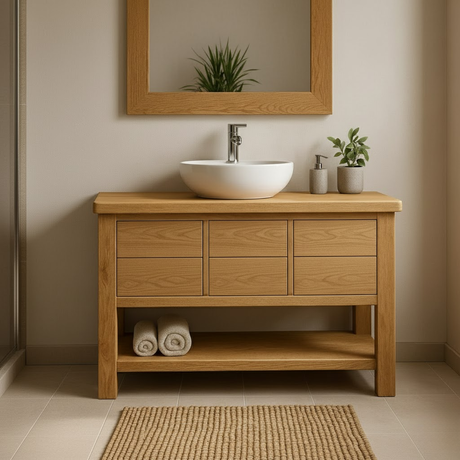 Handcrafted Solid Wood Bathroom Vanity with Oak Finish and Open Shelf