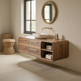 Handcrafted Solid Walnut Floating Vanity: Minimalist Gold Handle Bathroom Storage