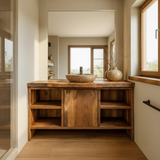 Handcrafted Solid Wood Bathroom Vanity with Central Sliding Door & Open Storage Shelves