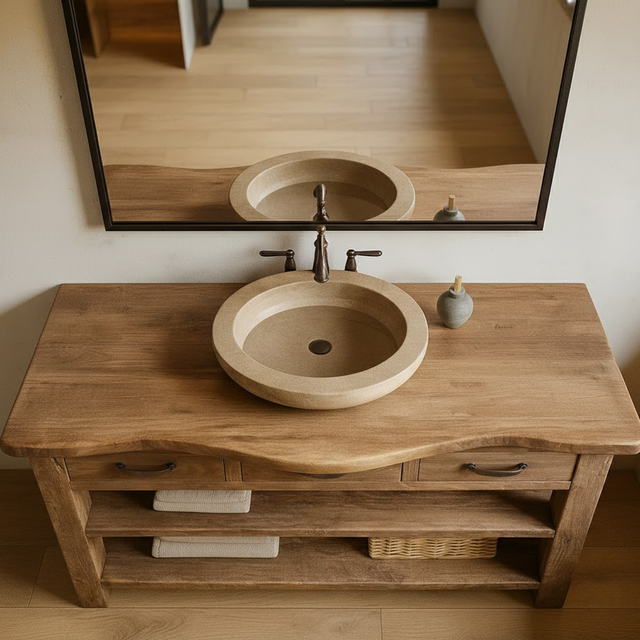 Handcrafted Solid Wood Bathroom Vanity with Curved Live-Edge Top and Triple Storage Drawers