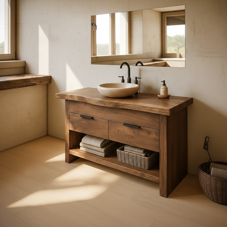 Handcrafted Solid Wood Bathroom Vanity with Live Edge Top and Open Storage Shelf