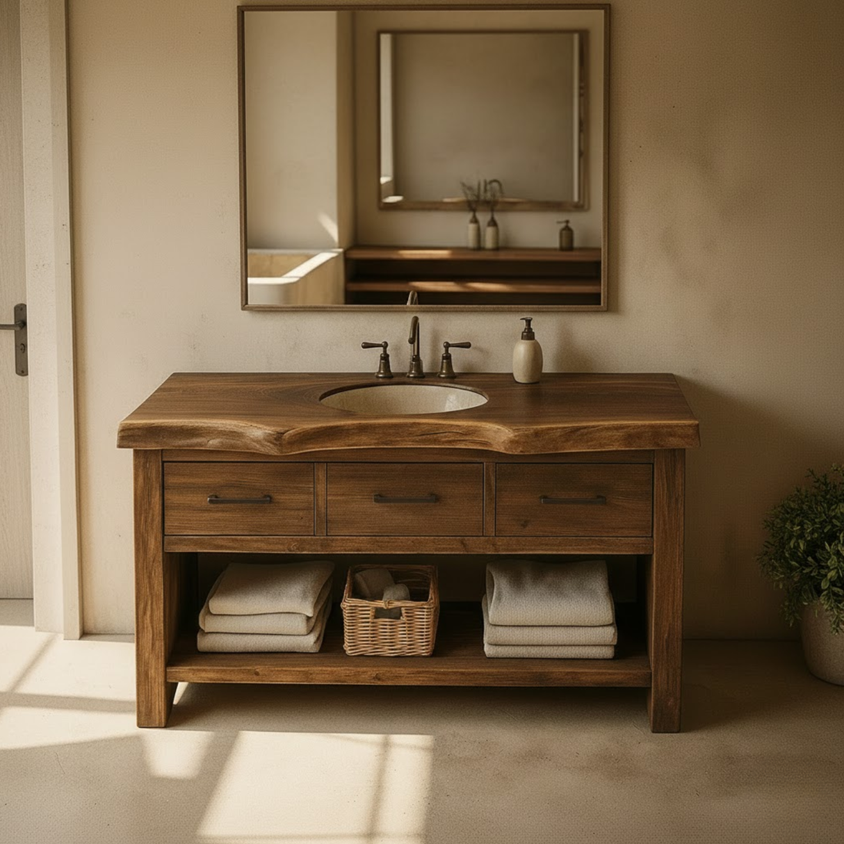 Handcrafted Solid Wood Bathroom Vanity with Live Edge Top, Triple Drawers & Open Storage Shelf