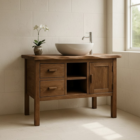Handcrafted Solid Wood Bathroom Vanity - Live Edge Top, 2 Drawers & Open Frame Shelving (Copy)