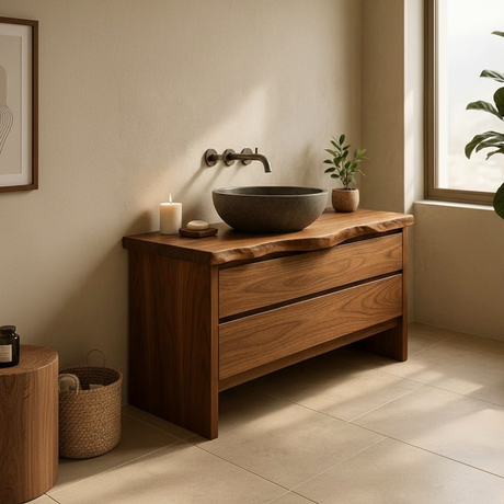 Handcrafted Solid Wood Bathroom Vanity with Live Edge Top - Rustic Modern Washstand