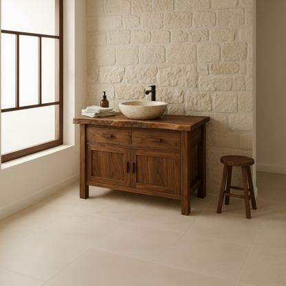 Handcrafted Solid Wood Bathroom Vanity - Live Edge Top Cabinet with Drawers & Doors