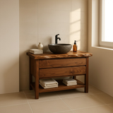 Handcrafted Solid Wood Bathroom Vanity - Live Edge Dark Wood Cabinet & Open Shelf